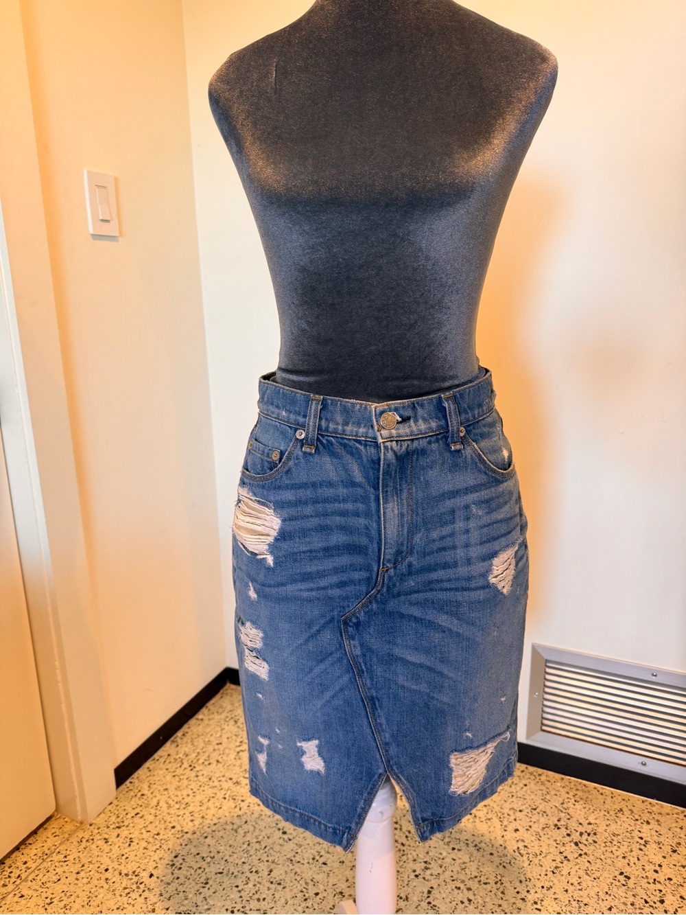 rag & bone Distressed Blue Denim Pencil Skirt